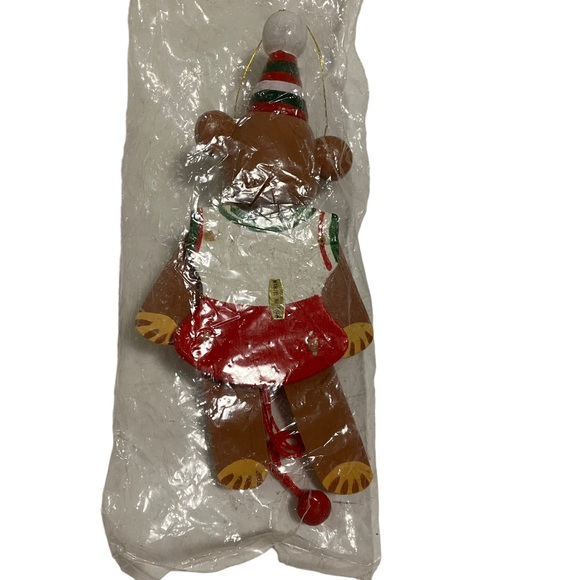 Vintage NEW Wooden Pull String Clown Girl Teddy Bear Christmas Ornament - Picture 7 of 8